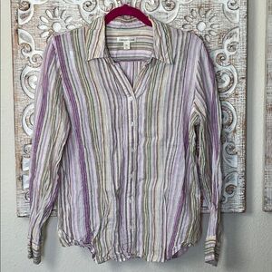 Coldwater Creek Women's Striped Button-Down Shirt - Purple, Green, White